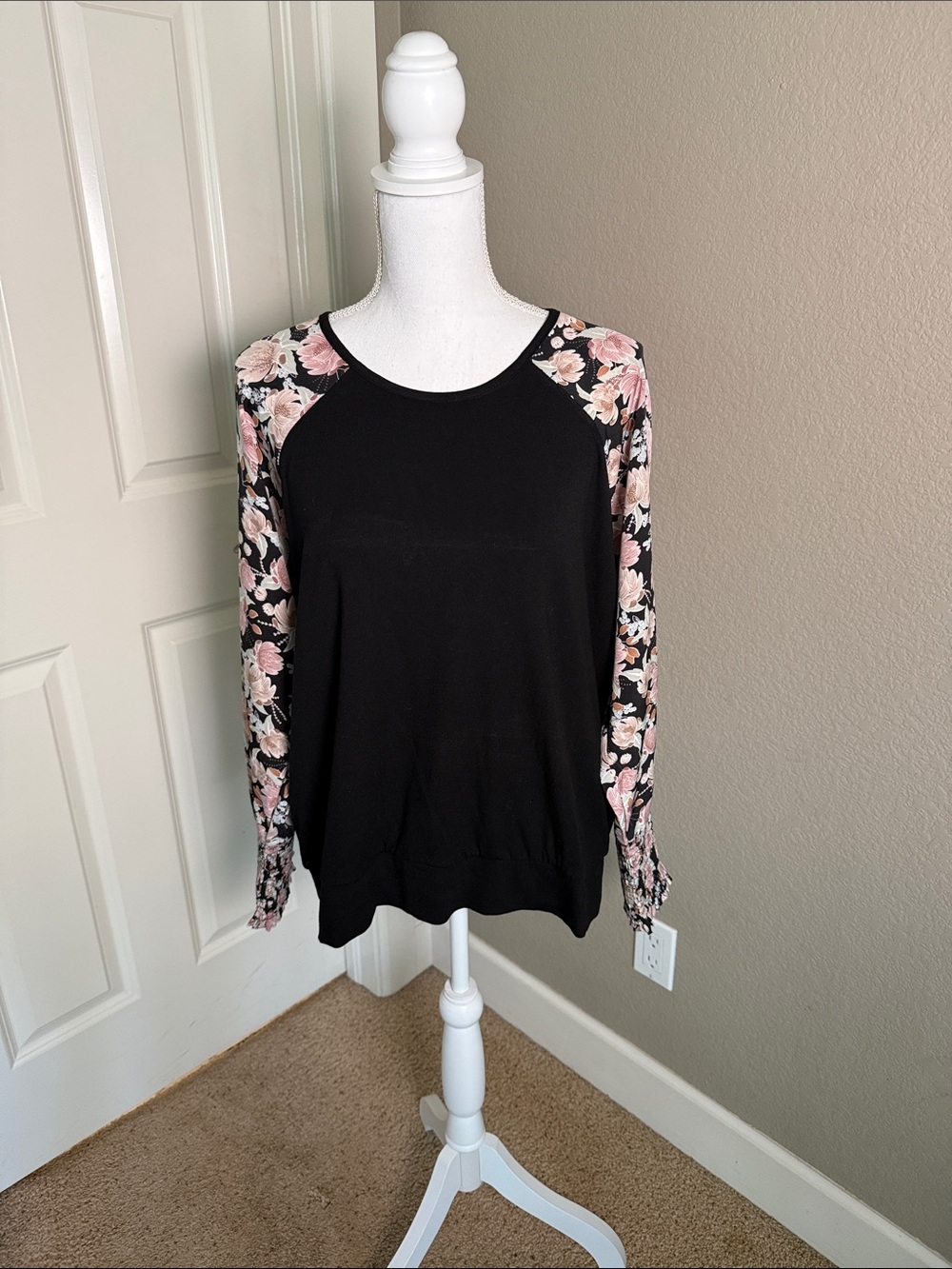 Black Raglan Top with Pink Floral Sleeves